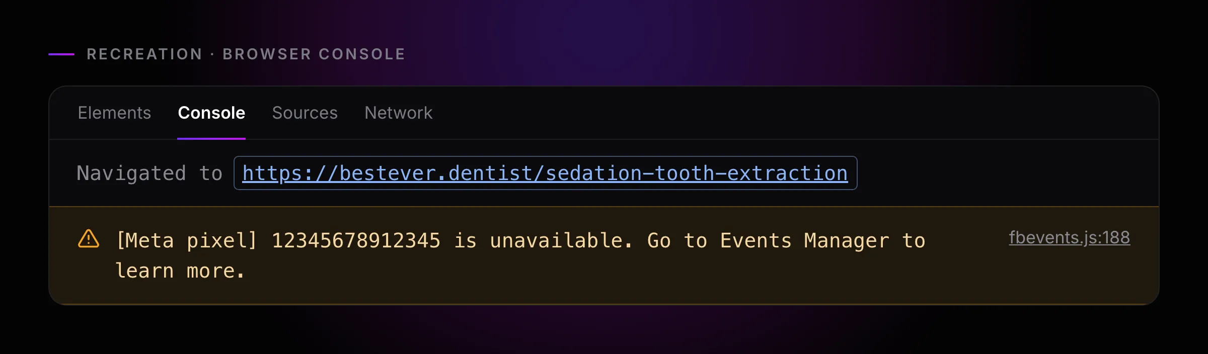 Browser console showing the Meta pixel reporting that pixel 12345678912345 is unavailable after the page loaded, with a link to Events Manager.